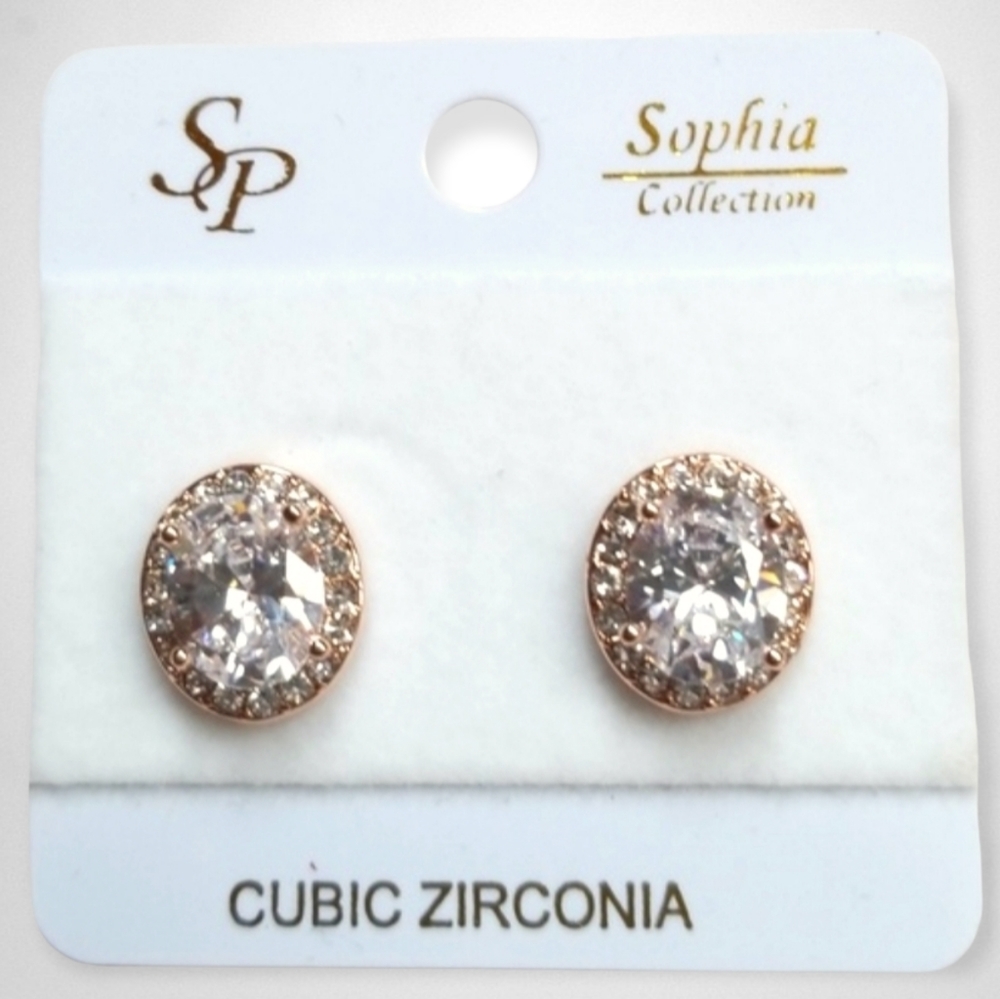 Cubic Zirconia Rose Gold Post Back Oval Earrings For Pierced Ears - Picture 3 of 12